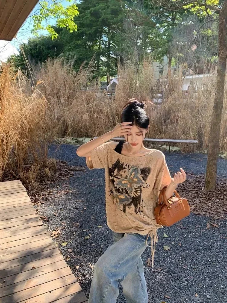 HOUZHOU Vintage Graphic Tshirts Women Harajuku Y2k Aesthetic 2000s Oversized Sexy Off Shoulder Short Sleeve Tshirts Grunge 250724
