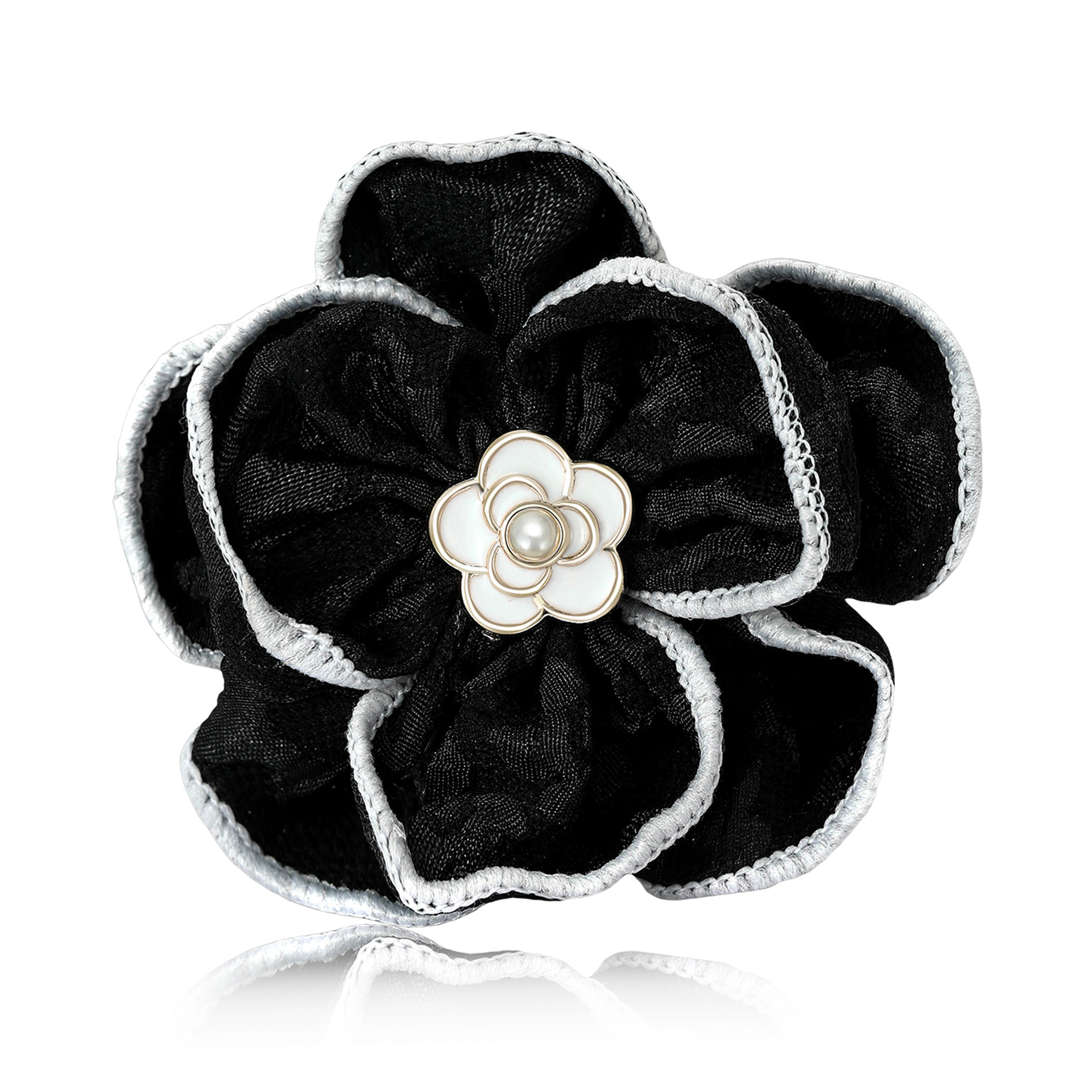 Gold Tone Fabric Flower Brooch With Black Trim, Enamel Center And Pearl Accent Elegant Party Jewelry And Gift For Her High Quality And Stylish Jewelry