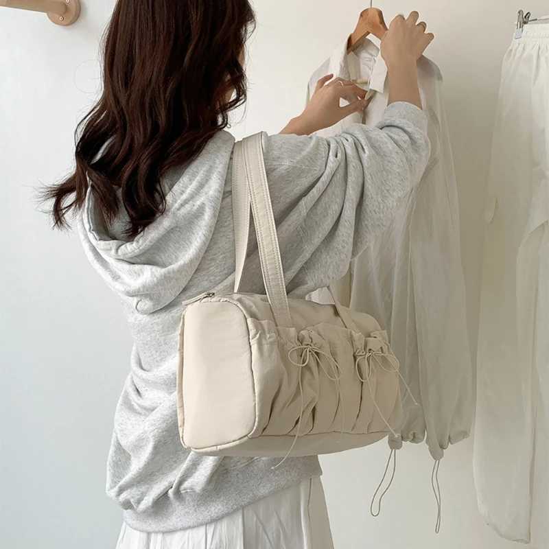 Women Fashion Nylon Shoulder Bag with Pleated Bows Large Capacity Casual Handbag Practical Top Handle Bag for Travel Daily Use Y250730