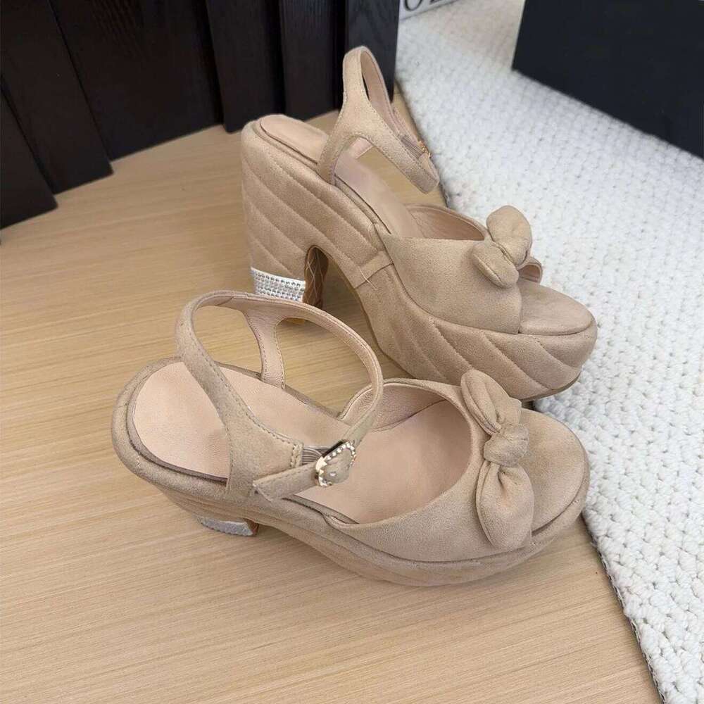 Women Size34-41 Natural Cow Suede Sandals Super High Heels Butterfly Knot Flat Platform Designer Shoes Zapatillas De Mujer f97