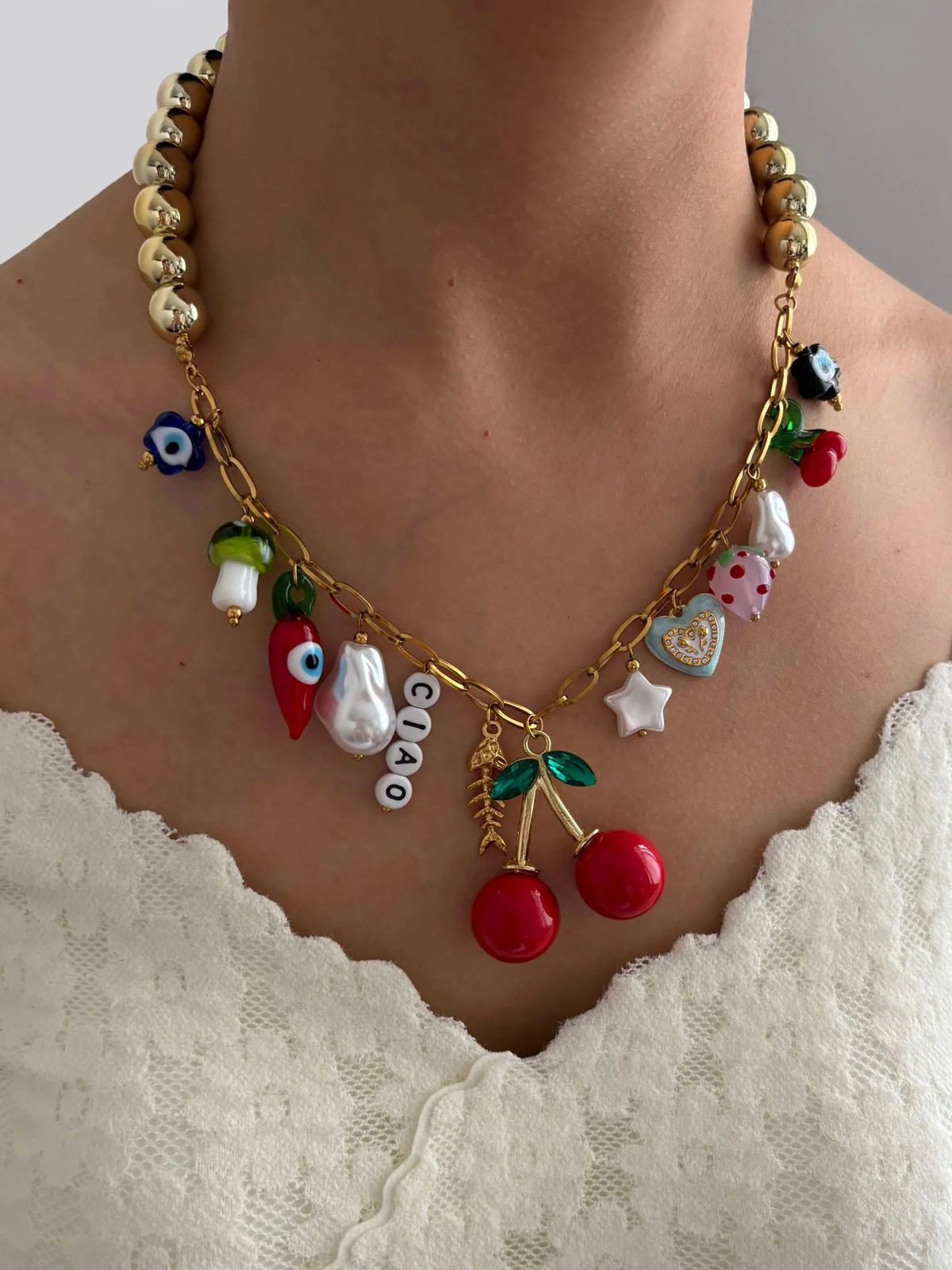 GHIDBK Statement Creative Stainless Steel Colored Enamel Glass Pearl Charm Pendant Necklace for Women CCB Metal Beads 250729