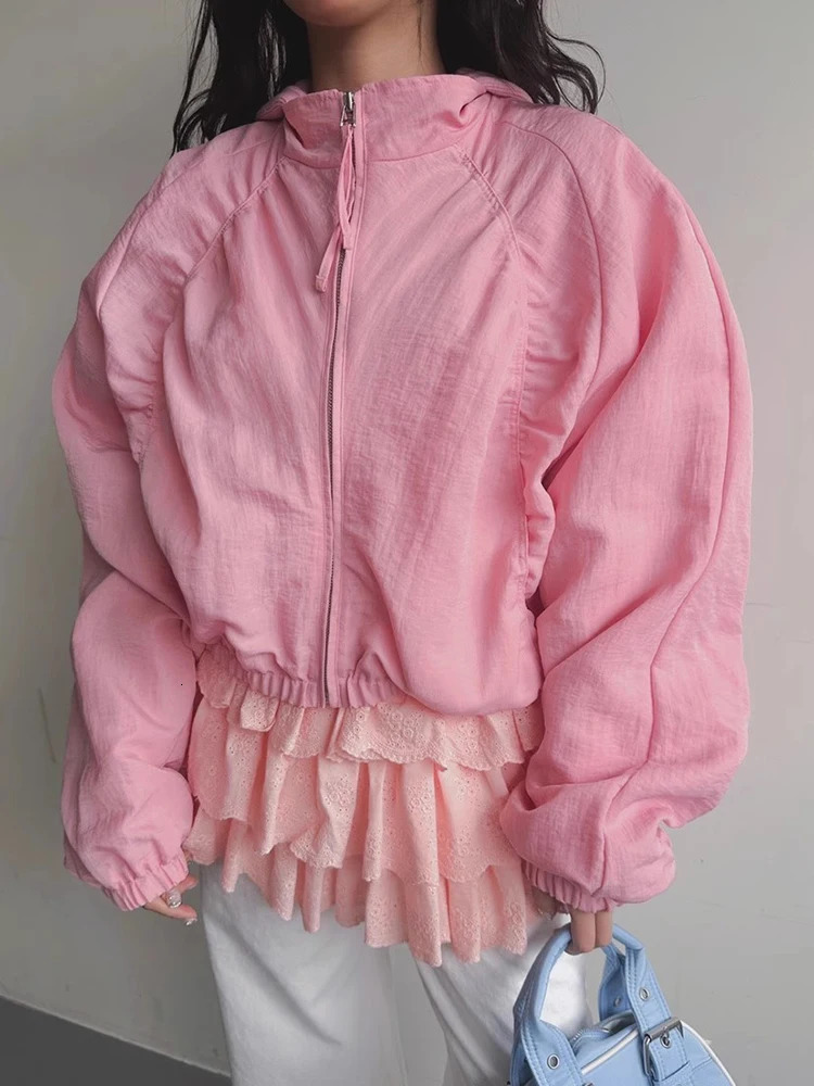 Kusahiki Stand Up Collar Pleated Short Cargo Jacket Womens Spring Style Coat Retro Casual Top 250731