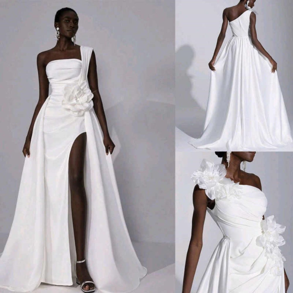 White Satin Mermaid Wedding Dresses One Shoulder Flowers Bridal Gowns Side Split Backless Customized Bride Dress