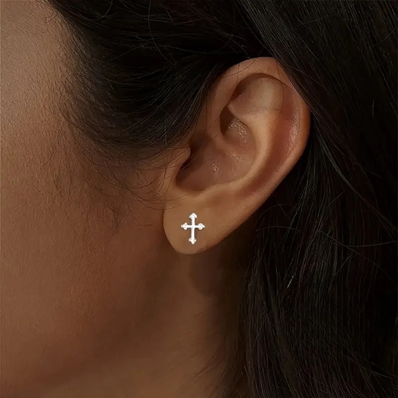 Huitan Dainty Cross Stud Earrings for Women 925 Sterling Silver Glossy Versatile Ear Accessories Delicate Daily Party Jewelry 250729