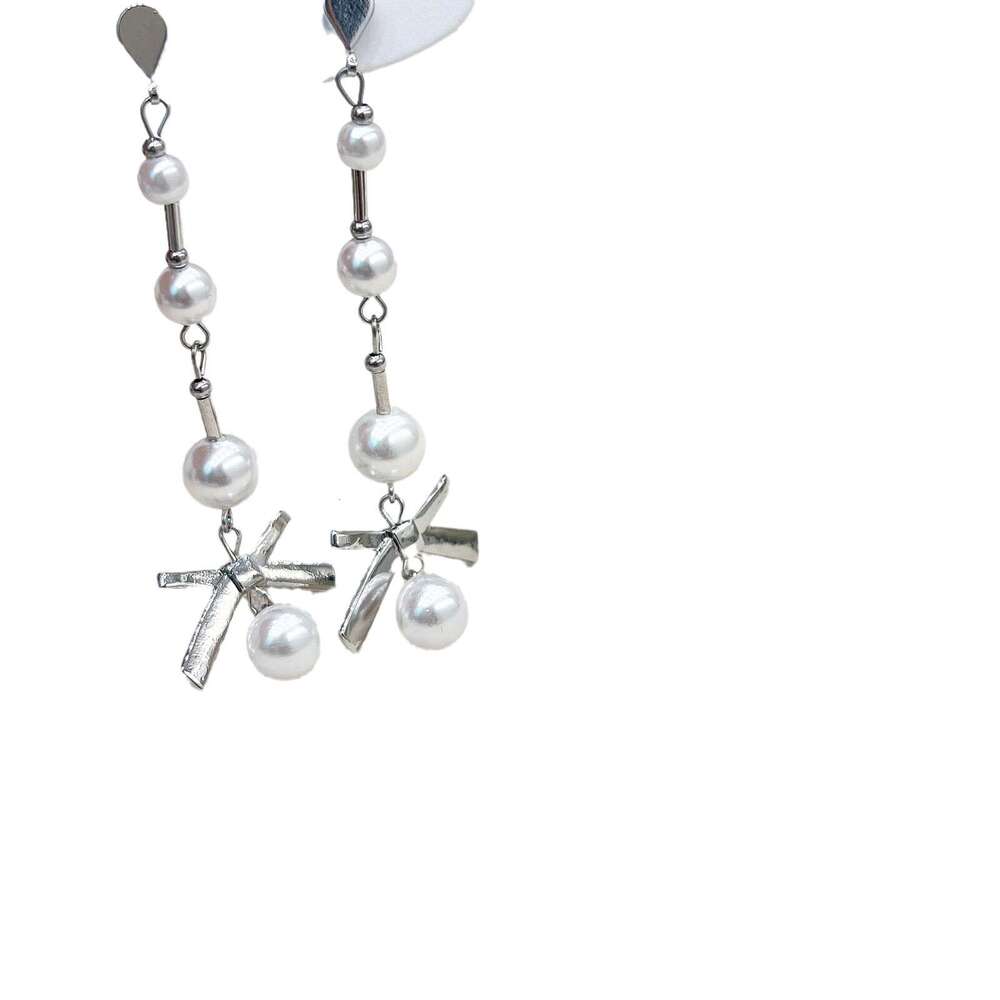 Simple Elegant Exquisite High-end Pearl Long Style Light Niche Bow Sweet Earrings 590
