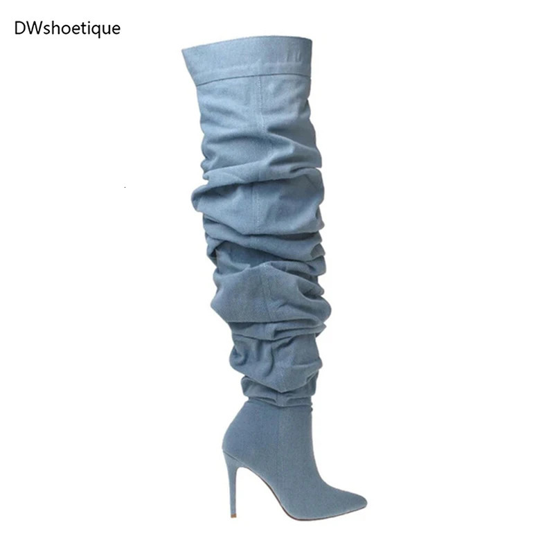 Fashion wrinkle demin women over knee boots sexy thin heel zipper women long boots 250729