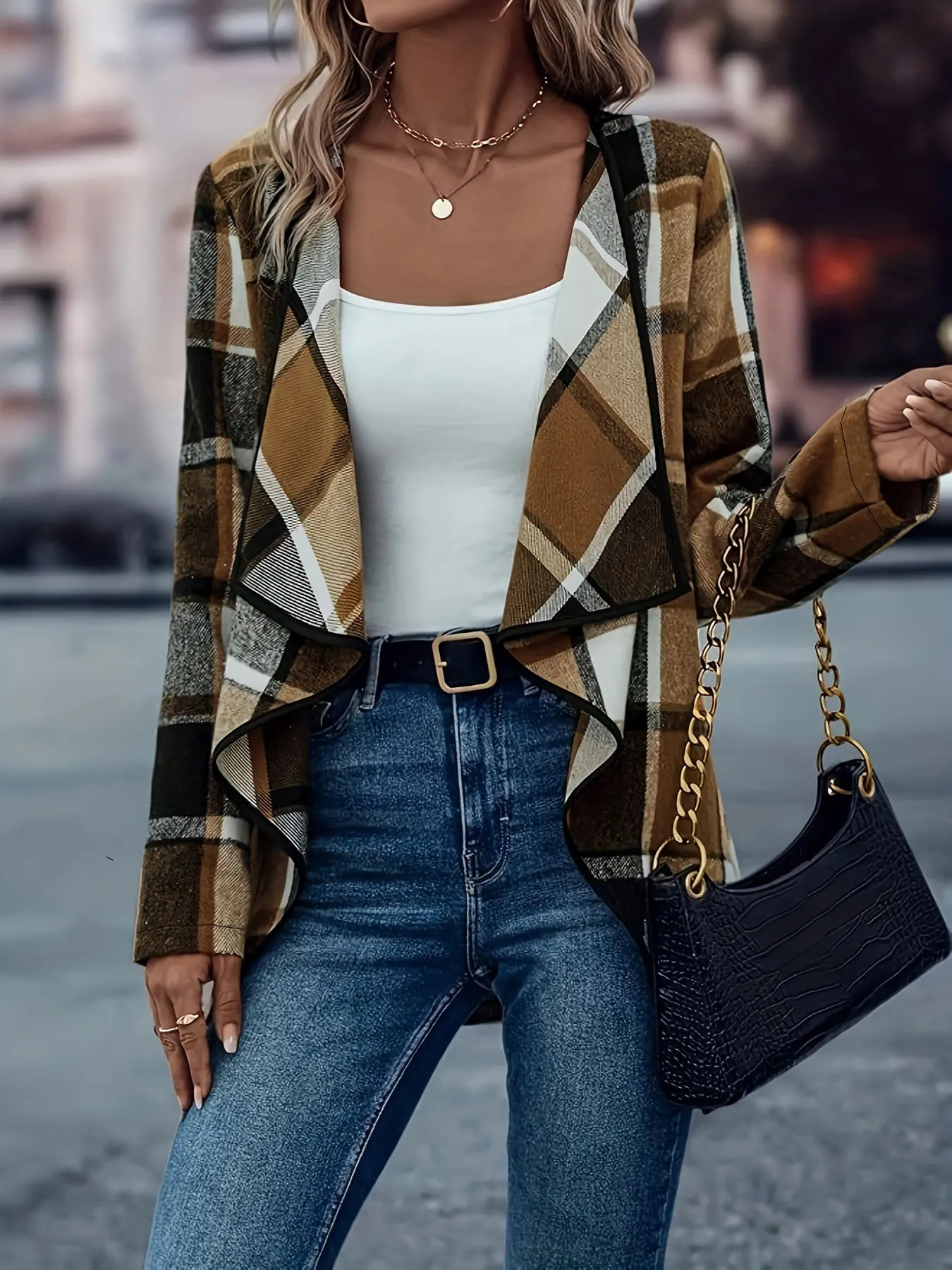 Women Plus Size Woven Open Front Long Sleeve Checkered Pattern Casual Jacket Classic Plaid Outerwear for Spring Autumn 250731