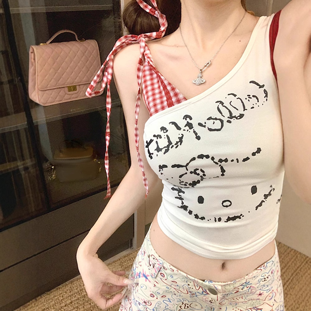 2025 summer new white checkered asymmetrical shoulder vest design sense niche off shoulder spicy girl designer T-shirt designer short sleeved women�