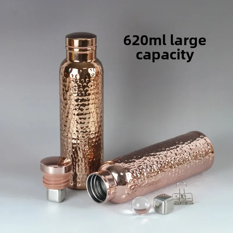 Electroplated Copper Thermos Cup Outdoor Sports Hammered Pattern Kettle with Canvas Bag Sports Large Capacity Leak proof Water Bottle 650ML