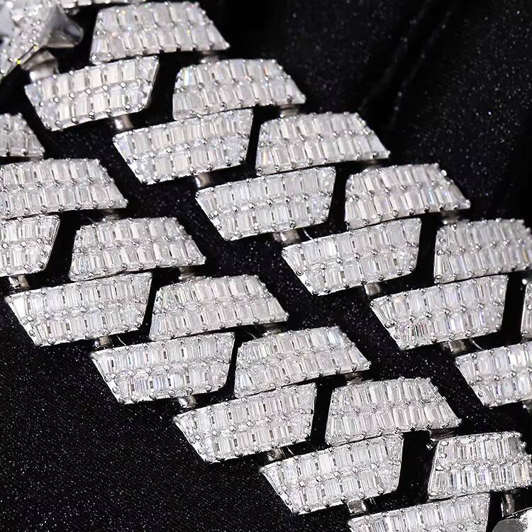 Yu Ying Gems Jewelrys 20mm Wide Full Baguette Moissanite Diamond 925 Sterling Silver Necklace with Cuban Chain