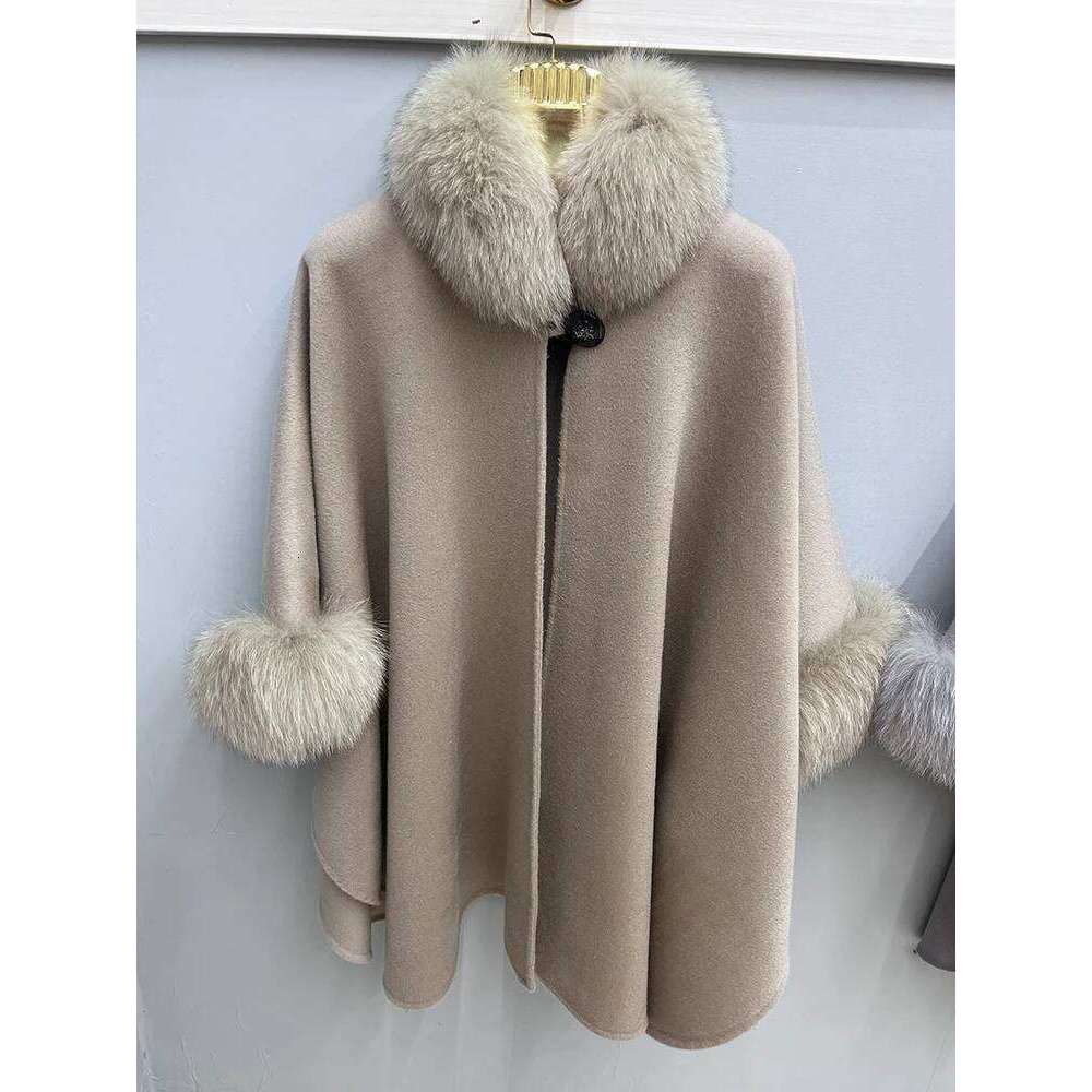 Designer Clothing Natural Real Winter Fox Fur Collar Long Cashmere Wool Woolen Women Jacket Outwear Ladies Female Coat Fashion