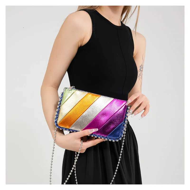 Womens New Splicing Rainbow Striped Small Square Bag Bead Chain Shoulder Bag Fashionable Messenger Bag Handbags Y250730