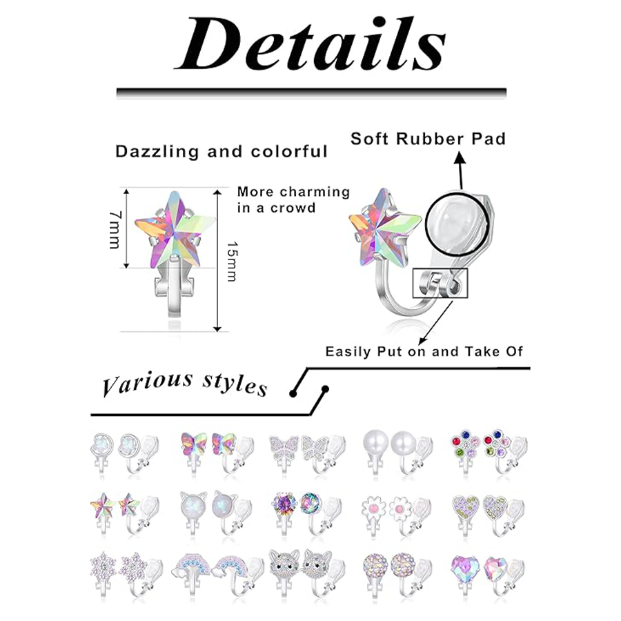 15Pairs Clip on Stud Earrings Non Pierced Teardrop Round Square CZ Pearl Twist Knot Flower Butterfly Heart Star Rainbow Cat Opal Clip on Earrings for 