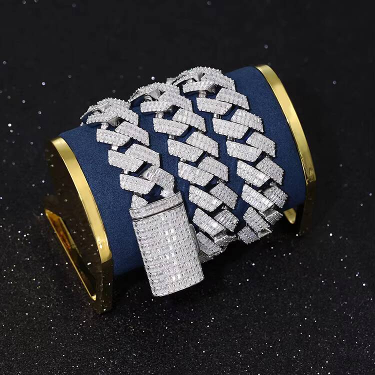 Yu Ying Gems Jewelrys 20mm Wide Full Baguette Moissanite Diamond 925 Sterling Silver Necklace with Cuban Chain