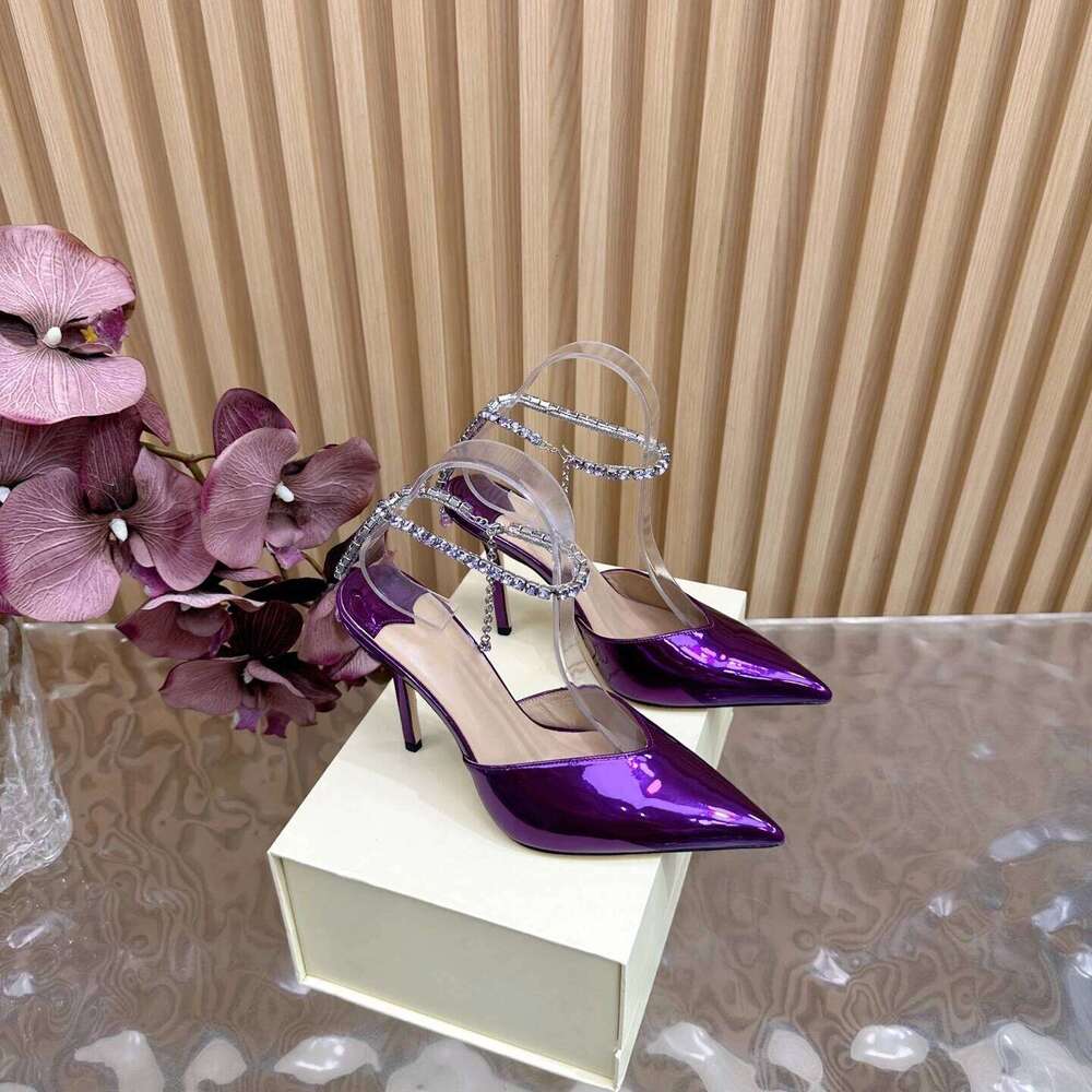 Women Size34-42 Patent Leather Pumps Crystal Chain Super High Heels Sandals Pointed Toe Designer Shoes Zapatillas De Mujer fe9