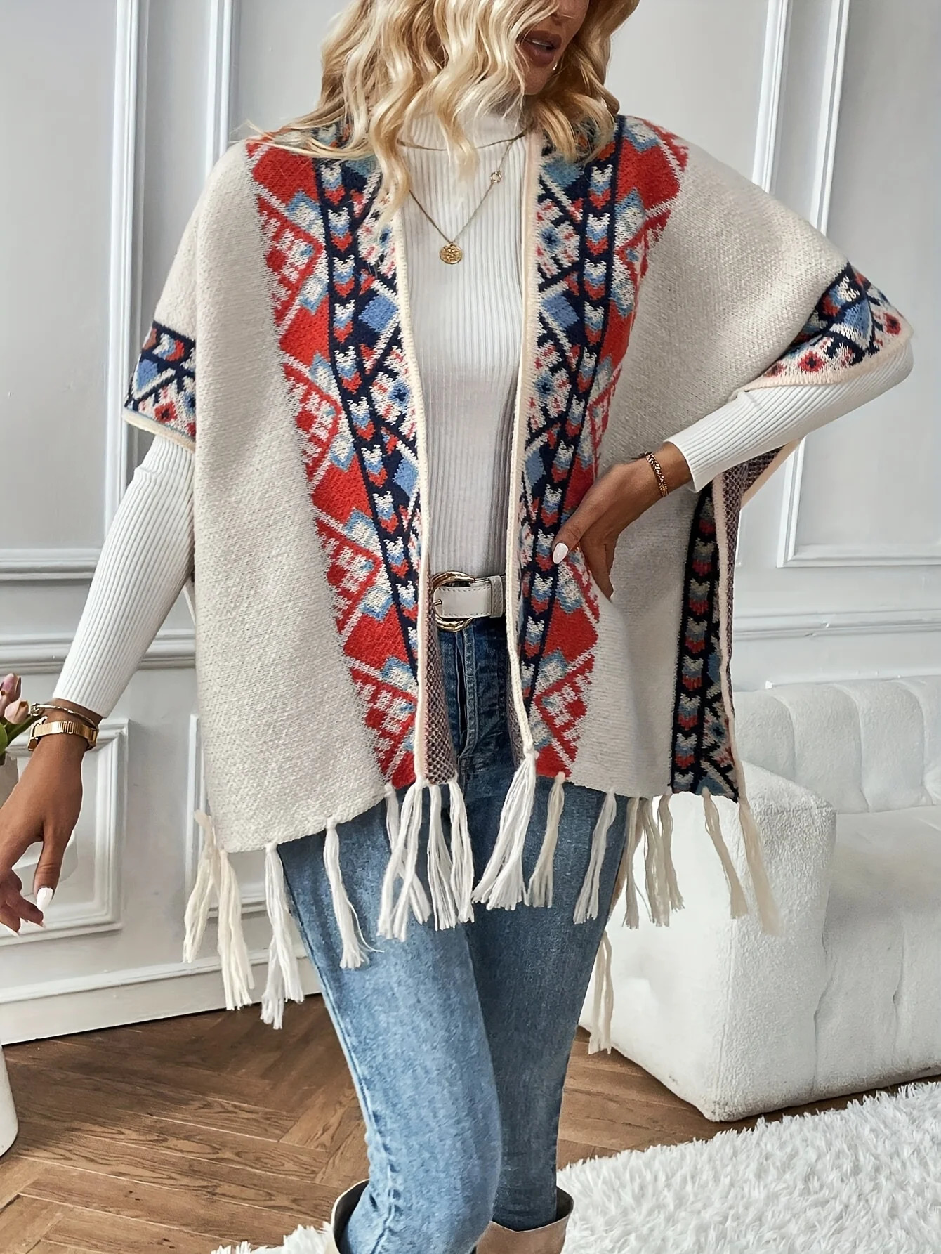Womens Spring Fall Fashion Tassel Cardigan Collar Ethnic Style Retro Outer Cape Knitted Sweater 250730