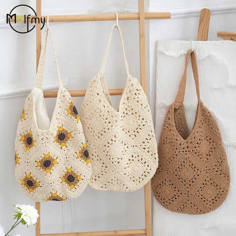 Women Shouder Bag Bohemian Straw Underarm Bag Summer Beach Woven Armpit Bag Hollow Flower Casual Crochet Tote Shopping Bags Y250730