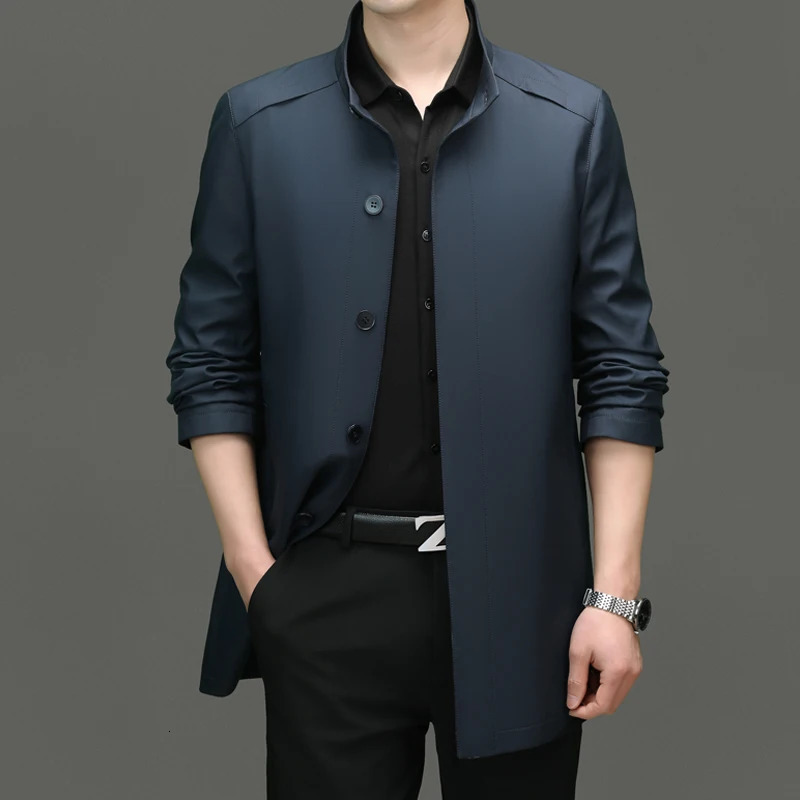 Mens 2025 Trench Coat Long Stand Collar Business Fashion Trend Solid Color Casual for Young People 250729