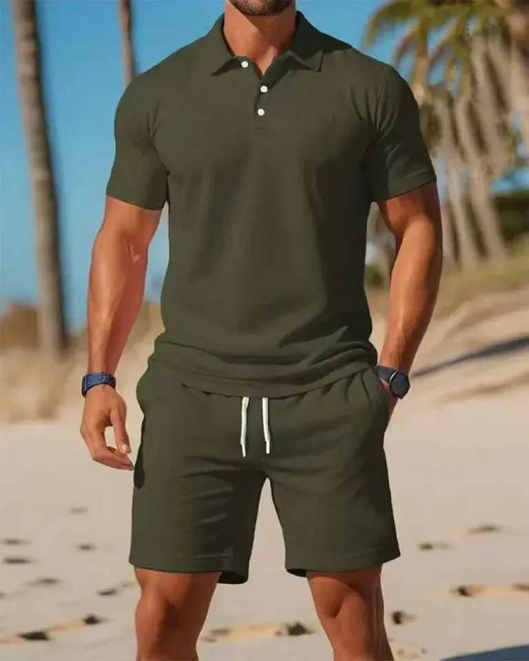 New Mens Business Casual Beach Sports Two-piece Set Drawstring Elastic Waist Sports Shorts Set Button Access Control Lapel Tops XJ250731