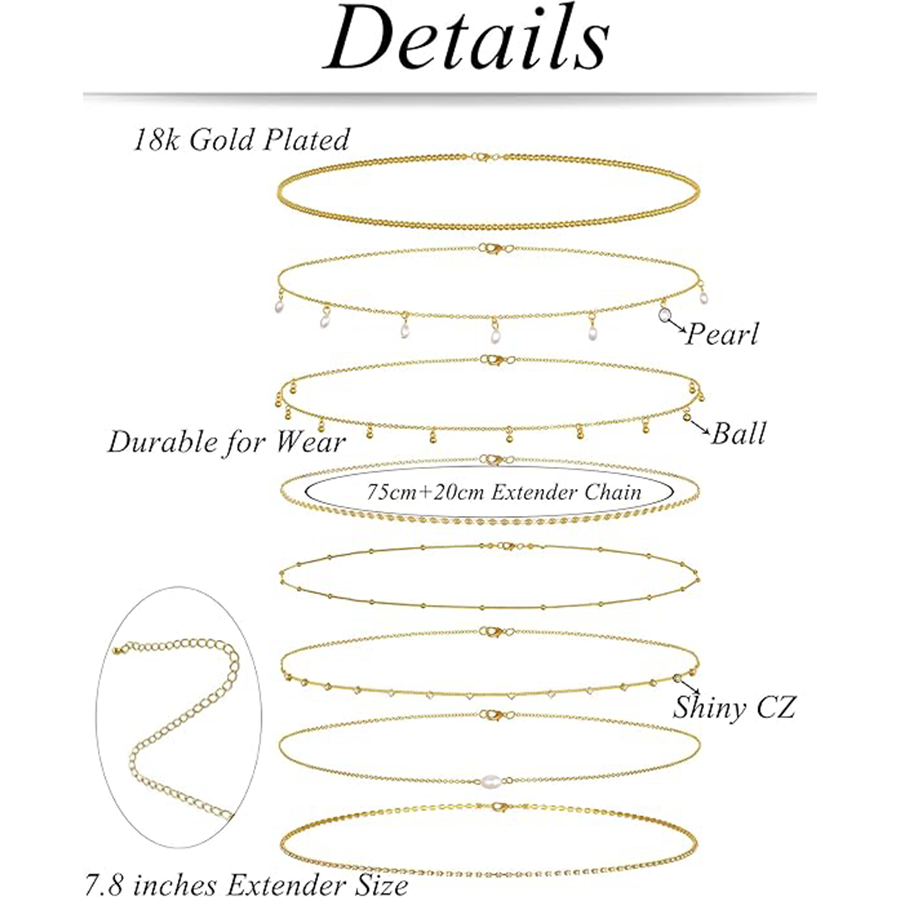8Pcs Waist Belly Chain 18K Gold Plated CZ Heart Pearl Snake Bead Sequin Paperclip Belly Chain Summer Beach Sexy Body Chains Jewelry Accessories Women 