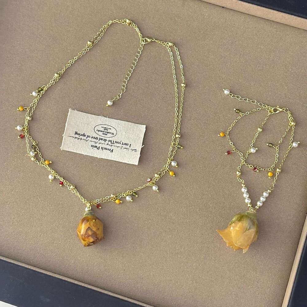 French Style Dried Flower Rose Crystal Pearl Double Layer Tassel Necklace Bracelet Atmosphere Sweet Exquisite Collarbone Chain f88