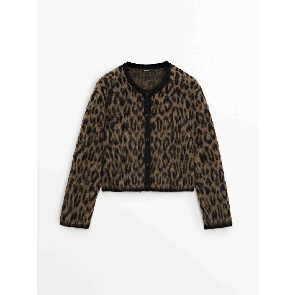 Ethereal MD 2025 Massidutti Spring New Style Of American Vintage Brown Leopard Print Soft Waxy Round Neck Cardigan Short Coat 250728