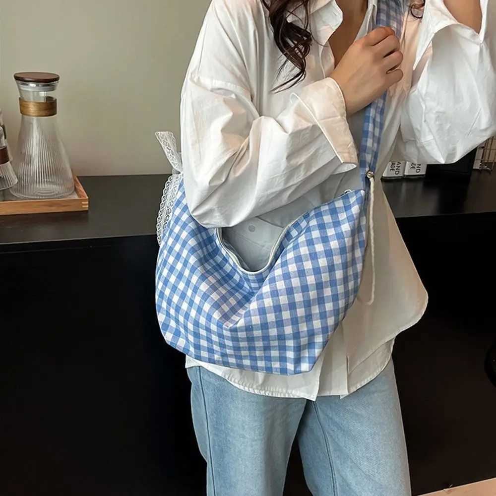 Casual Korean Hobos Shoulder Bag Half Moon Large Capacity Crossbody Bag Plaid Canvas Handbags Women Y250730