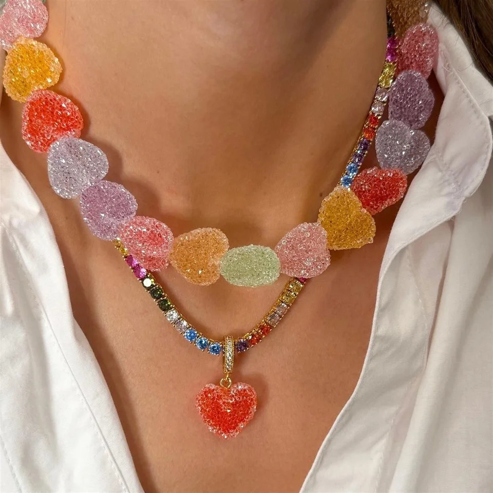Colorful love resin necklace sweet and cute candy niche n gold-plated color preservation 250729