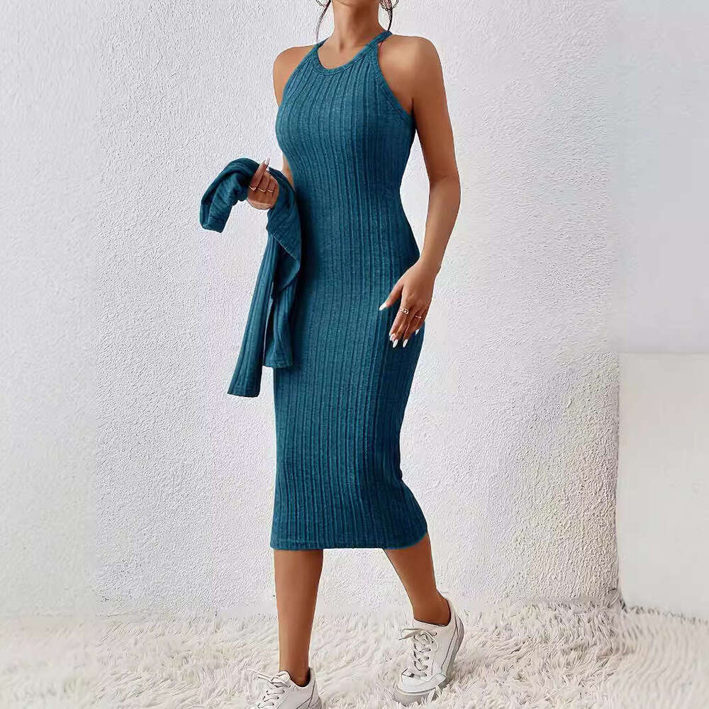 Spring Autumn Solid Color Front Button Short Top and Slim Fit Dress Set