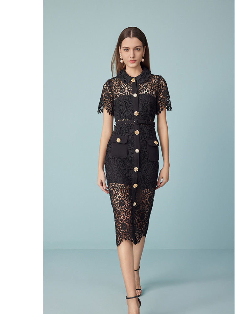 Summer New Elegant French Hollow Hot Diamond Button Midi Dress Water-Soluble Lace Dress Party Summer Resort Wear Office Women Clothing 6116474