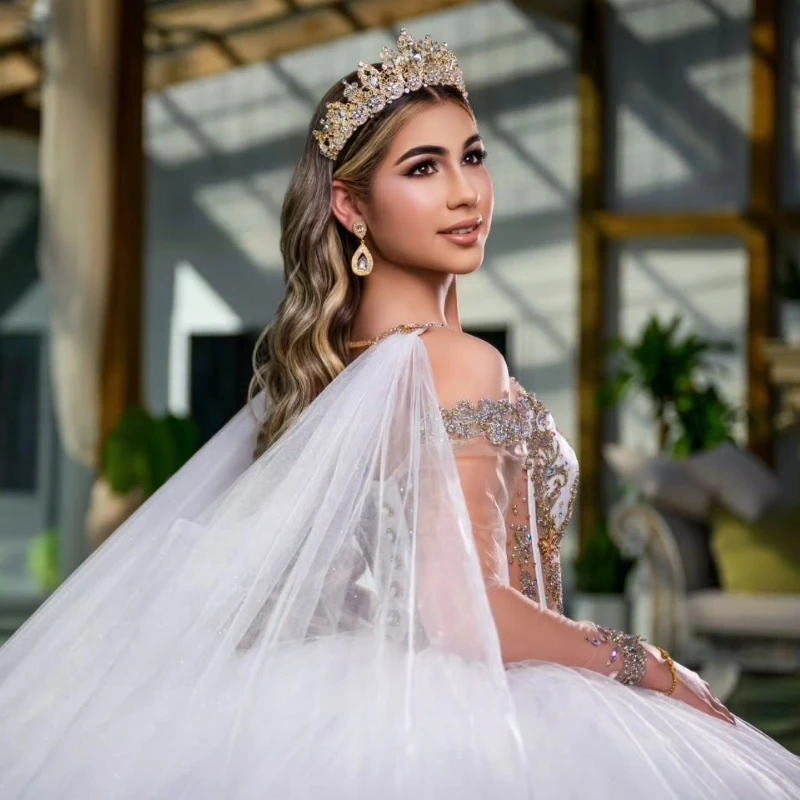 White Quinceanera Dresses Ball Gown Off The Shoulder Applique Lace Beads Tull With Cape Party Birthday Sweet 16 Vestidos 15 De Anos