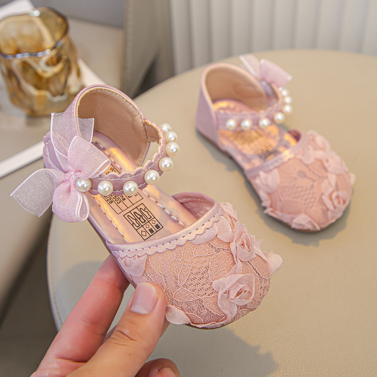 Girls Pink Lace Princess Shoes Pearl Trip Strap Bow Sweet Flower Sandals