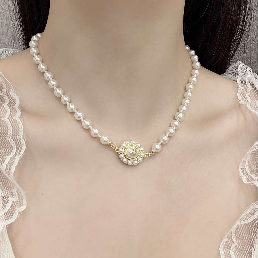 Empress Dowager Saturn Chain Round Disc Inlaid Pearl Detachable Necklace 2025 Spring New Model 1da