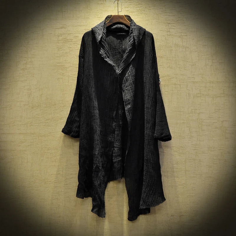 Fashion Coat Black robe Translucent Linen cloak Thin Trench Men Gothic long coat mysterious Dustcoat Cardigan Spring 250729