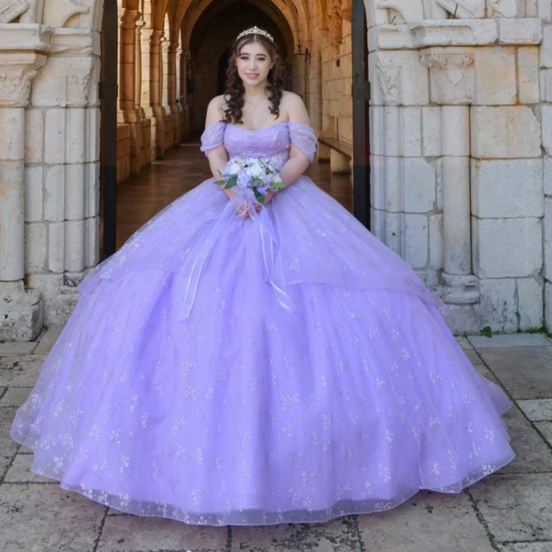 Lavender Shiny Quinceanera Dresses Off The Shoulder Sequin Applique Lace Tull Corset Ball Gown Vestidos De 15 Anos Sweet 16 Dress