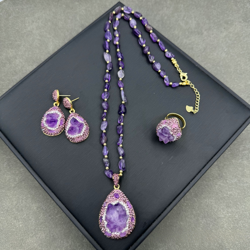 Rough Natural Amethyst Crystal Jewelry Set for Women Rhinestone Irregular Quartz Lucky Leather Bangle Rings Charm Necklace Sets