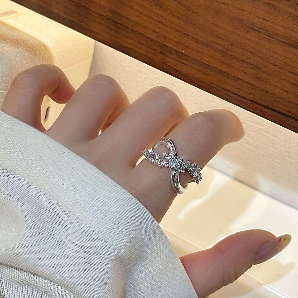 Niche Light Luxury Design Irregular Cross Full Silver Brushed Wave Zirconia Open Ring b6e