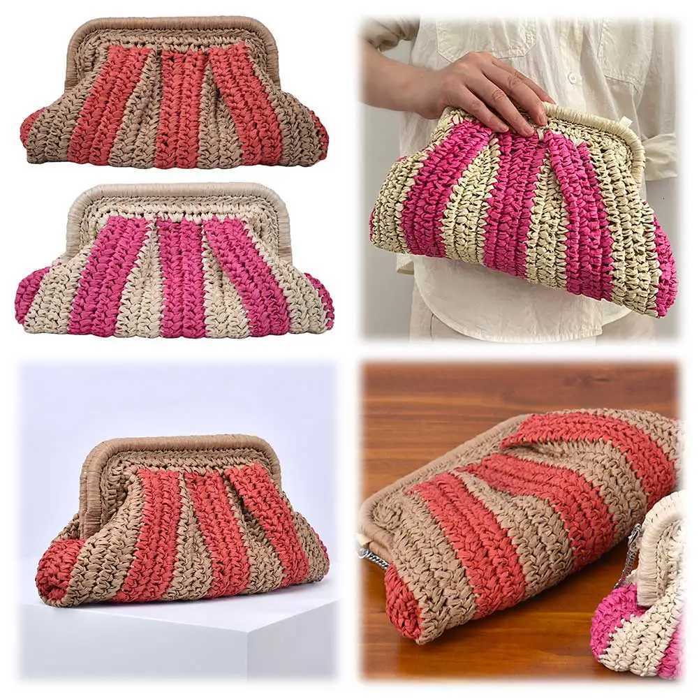 Straw Clutch Handbag Straw Evening Bag Handmade Clutch Purse Cloud Dumpling Bag Striped Woven Handbag for Party Vacation Y250730