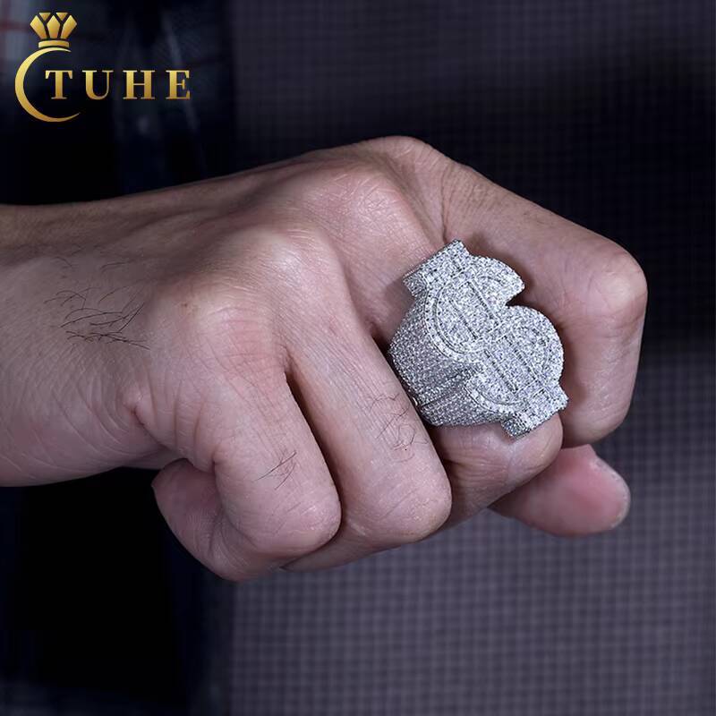 Hot Selling Hip Hop Jewelry White Gold 925 Sterling Silver Ring Gold Plated Vvs Moissani Ice Flower Dollar Ring