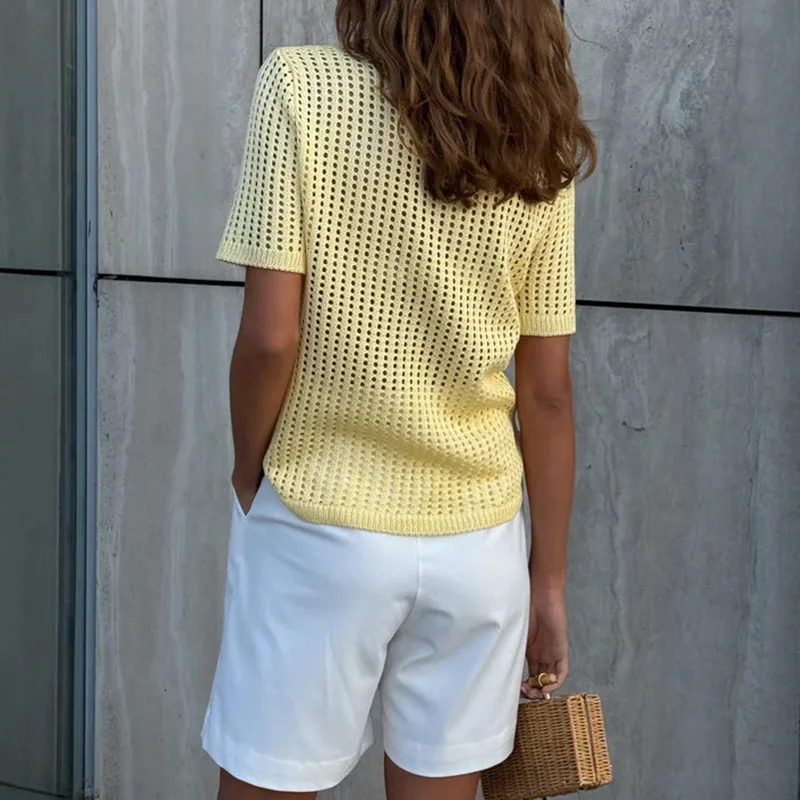 Elegant Hollow Out Pullover Fashion Lapel Collar Knit Polo Blouse Women Casual Short Sleeve Multicolor Shirt Tops w250729