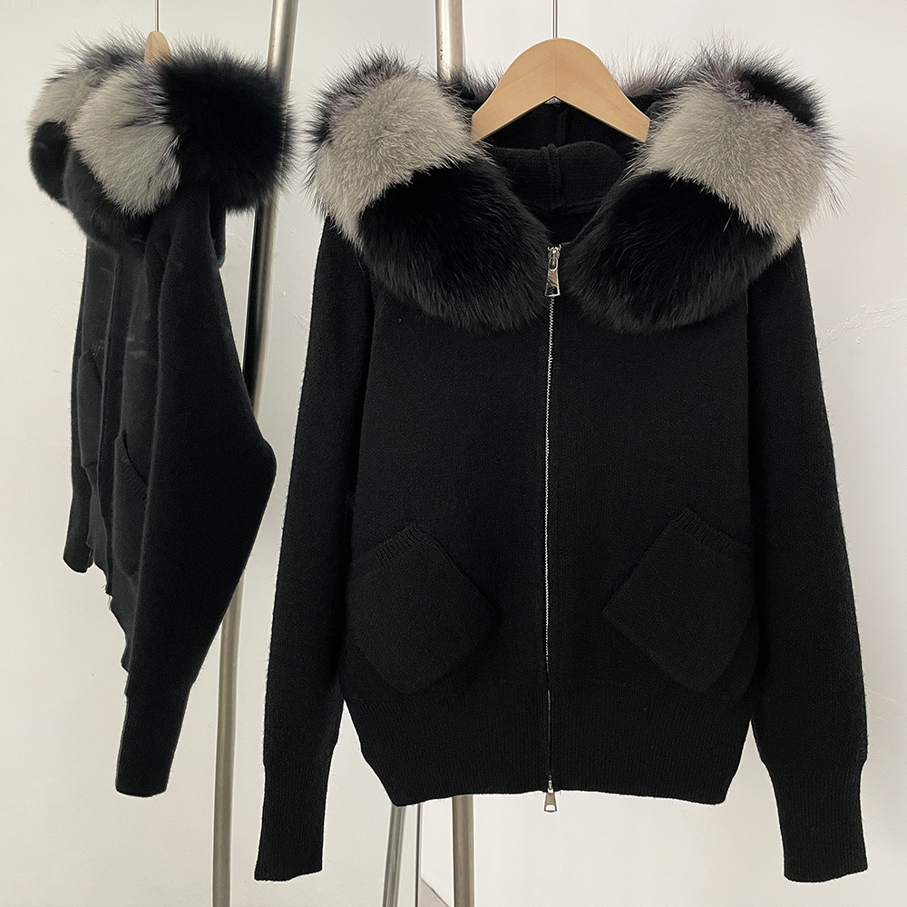Knitted sweater cardigan jacket womens detachable oversized genuine fox fur collar new autumn winter style hooded knitted cardigan coat