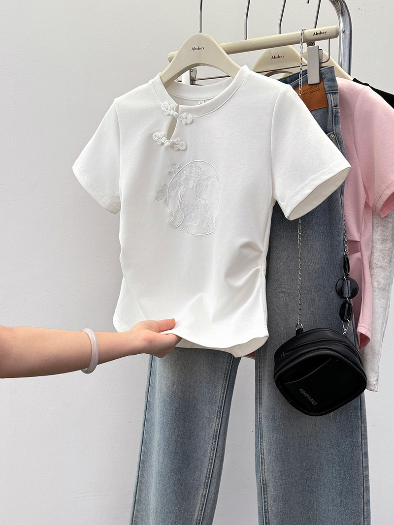 2025 Chinese embroidery short sleeved women's S T-shirt summer new design sense niche ethnic style button slim fit short top new designer T-shirt