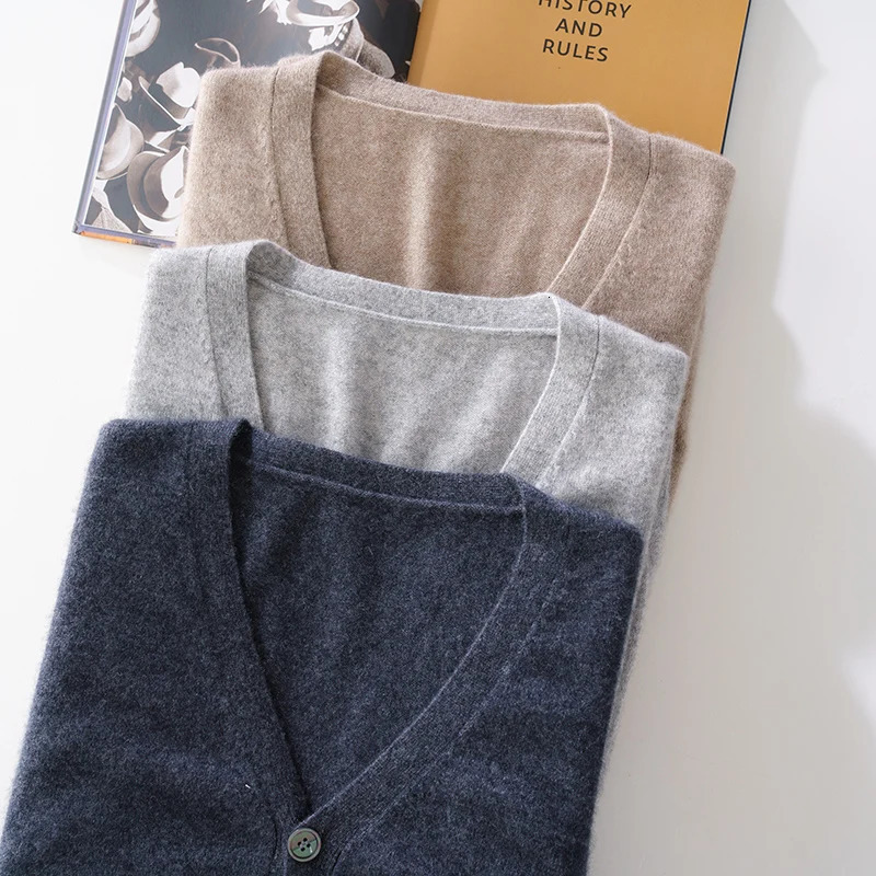 Mens 100% Pure Wool Cardigan 23 Autumn And Winter VNeck Loose Sweater With MiddleAged Coat Knitted Bottoming Shirt 250731