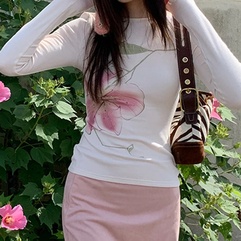 Lamuusaa Fairy Coquette Top Women y2k Clothing Rhinestone Floral Print Round Neck Long Sleeve T Shirts 2000s Clothes Streetwear 250730