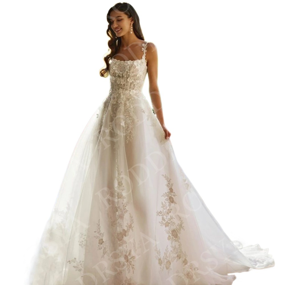 A Line Wedding Dresses Elegant Tulle Lace Applique Spaghetti Straps Square Collar Bridal Gowns Customized vestidos de novia 2025