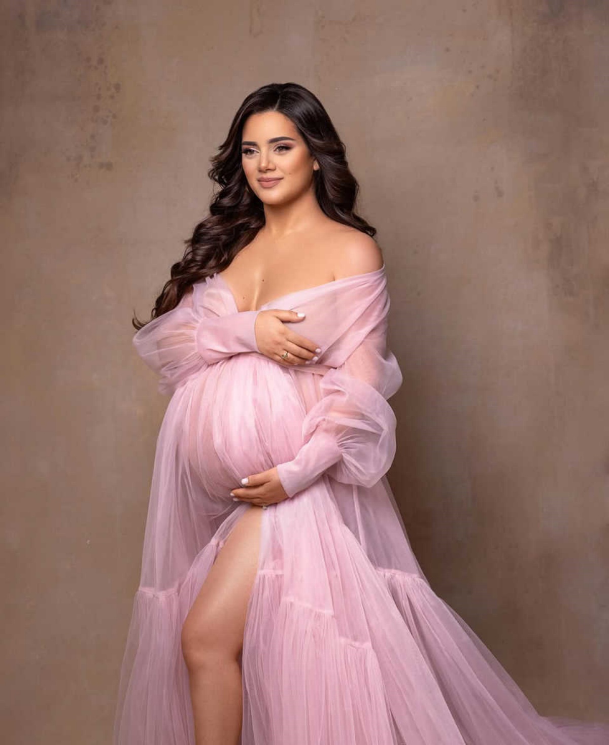 Fluffy Purple Ruffle Tulle Maternity Dress Off Shoulder Long Sleeves For Photoshoot Pregnancy Maternity Gown Robes
