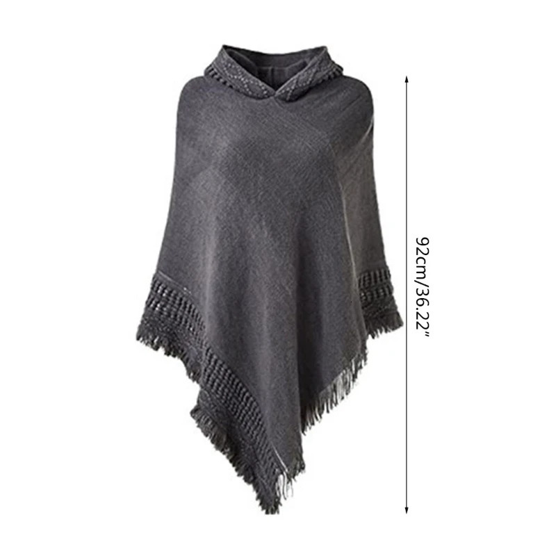 Women Winter Warm Knitted Hooded Poncho Cape Solid Color Crochet Fringed Tassel Shawl Wrap Oversized Pullover Cloak Sweater Top 250729