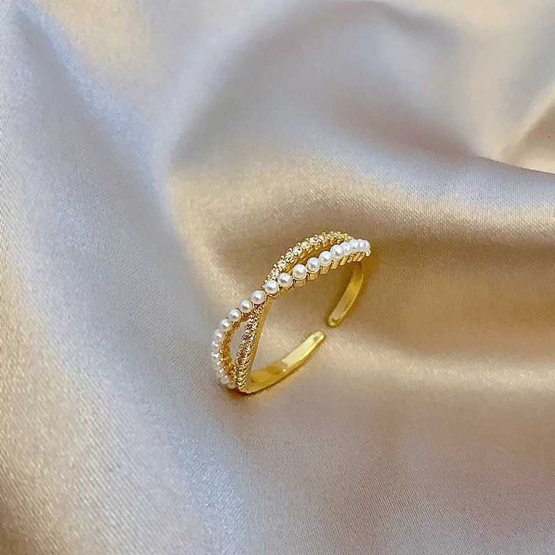 Stainless Steel Temperament Pearl and Zircon Double Layer Crossing Rings for Women Luxury Finger Jewelry Bride Gift Colorfast y250730