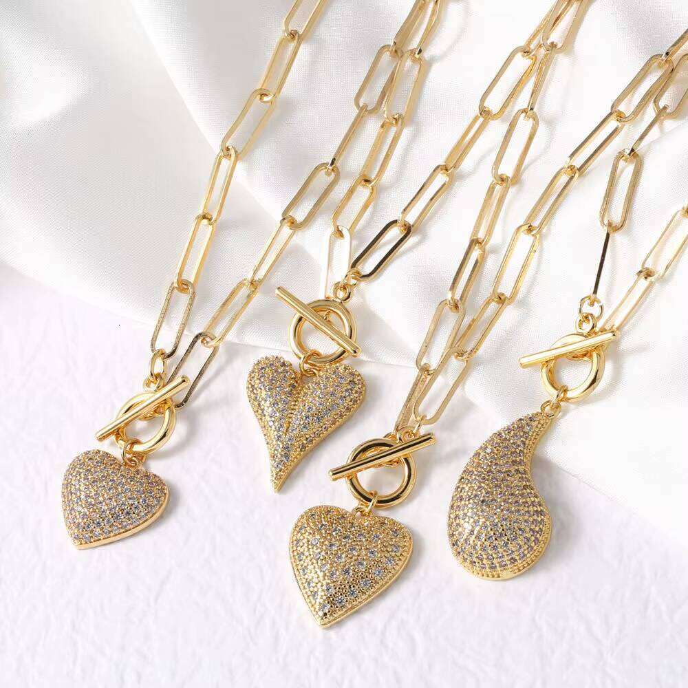 European American Popular Heart-Shaped Cross-Border Necklace Full Zircon Water Drop Sweater Chain Nky26 Jewelry-Gold Brass Cute