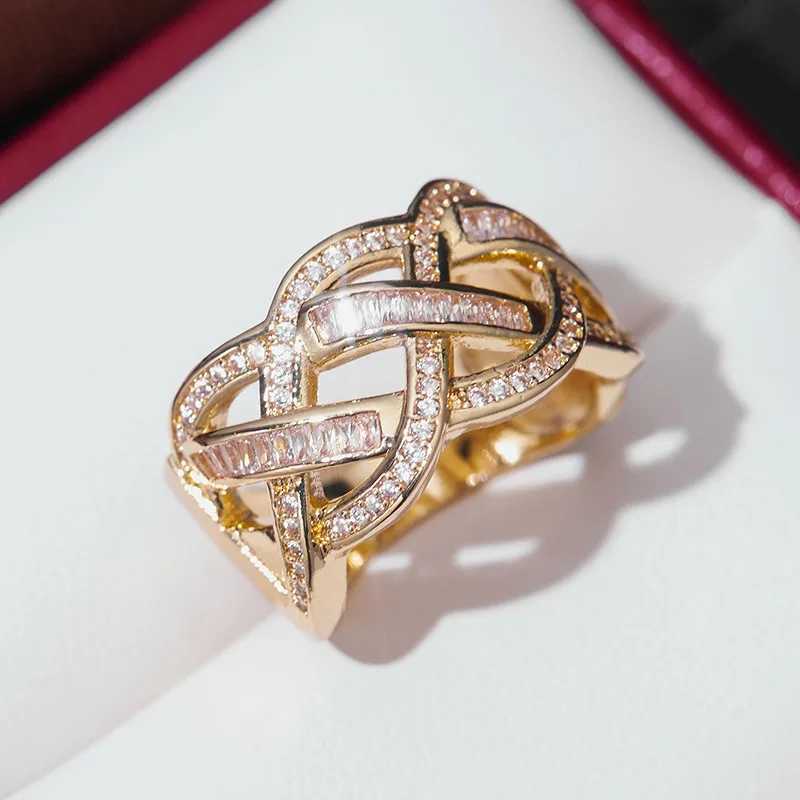 Fashion Skeleton Braided Twist Wide Face Gold Color Ring for Women Temperament Shiny Cubic Zirconia Wedding Jewelry Accessories y250730